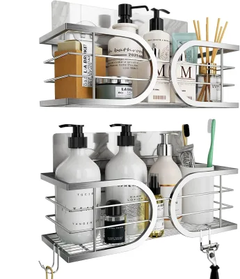 2-Pack SUS304 Stainless Steel Wall-Mounted Shower Caddy No Drill Large Capacity Double Tier Rack Durable Design