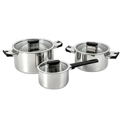 Golden Key 3 Ply Stainless Steel Cookware Set Stockpot Saucepan with Glass Lid, OEM Custom Logo Packaging Factory Wholesale