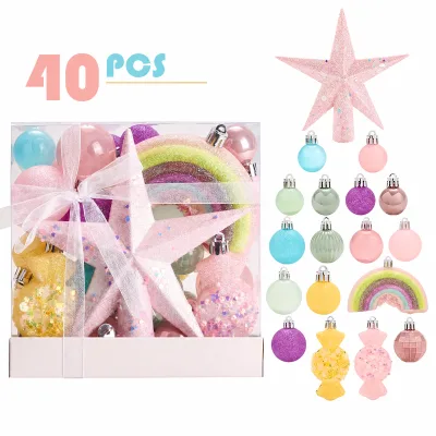 40 Pcs Pastel Christmas Ornaments Set with Star Tree Topper Glitter Baubles Rainbow Candy for Holiday Decor