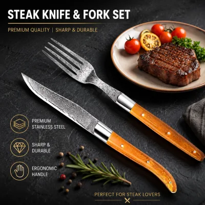 Premium Quality Damascus Burst Pattern 18 10 Stainless Steel Premium Flatware Laguiole Knife and Fork Cutlery Set with Case