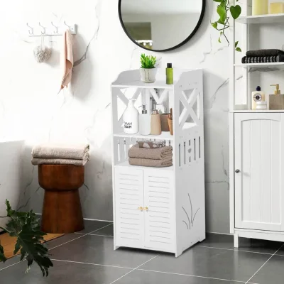 Freestanding Flexible Design Bathroom Storage Cabinet with Double Doors PVC Organizer for Toilet Paper Shampoo More 40x25x90cm