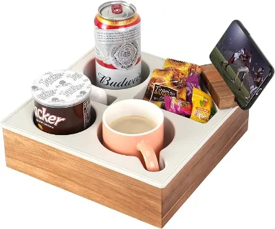 Couch Cup Holder Tray, Wooden Couch Caddy for Bed Car Seat Beach Organizer, Waterproof Anti-Spill Sofa Cup Holder