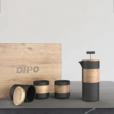 DHPO Newest Design Ceramic Travel French Press Coffee Maker With Mug Set, Matte Black/White