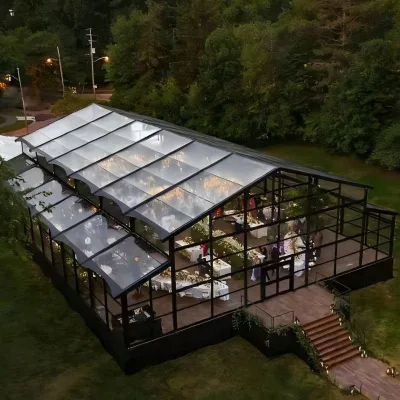 Large Modern Metal Glass Wedding Venue Tent with Tempered Glass Black Frame for Home and Garden Use