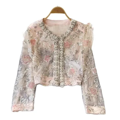 Internet Celebrity Same Style 2025 Spring Autumn New French Pearl Edge Sequin Embroidery Canvas Print Zipper Casual Short Coat