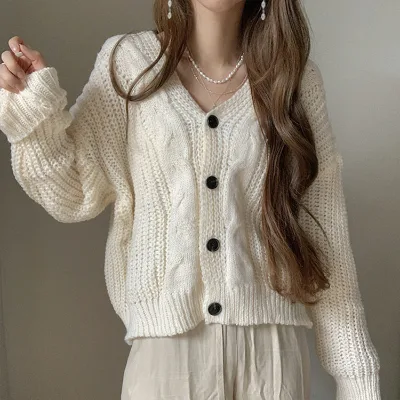 Factory Price Fall Cable Knit Cardigan Women Retro Twist Buttons Pullovers Lazy Winter Coat Plain Knitted Cardigans for Women