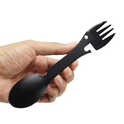 LFEDC Wholesale Hot Sale Outdoor Camping Picnic Portable EDC Black 5 in 1 Steel Can Opener Screwdriver Spoon Fork Spork Tool