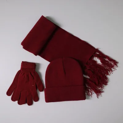 Custom Womens Winter Warm Acrylic Knitted Hat Scarf Gloves Three-Piece Set Ear Covers Geometry/Circle Pattern Head Circumference