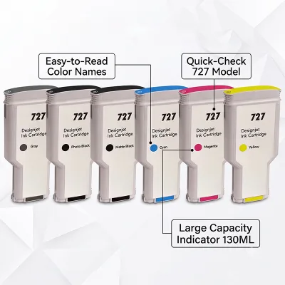 Enlite Factory Wholesale 6 Colors 130ml 727 Pigment Ink Replacement with Chip for DesignJet T930 T1530 T2530 Plotter Cartridge