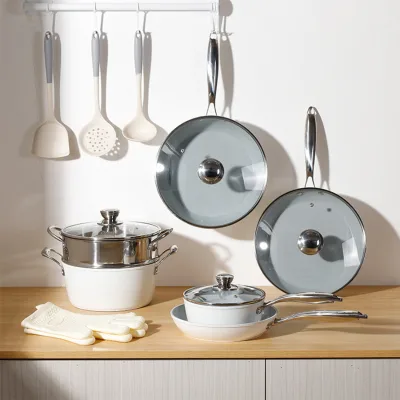 Hot Sale Kitchen Cooking 5 Pcs Aluminium Alloy Pots and Pans Set High End White Non Stick Ceramic Cookware Set