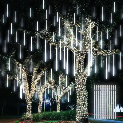 Meteor Shower Rain Lights for Christmas Lights Halloween Party Holiday Garden Tree Thanksgiving Xmas Decoration (White)