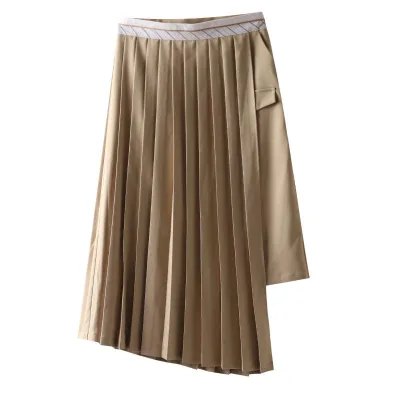 Elegant New Women's High Waist Asymmetrical Maxi A-Line Skirt Chiffon Contrast Pleated Button Wrap Empire Waistline Breathable