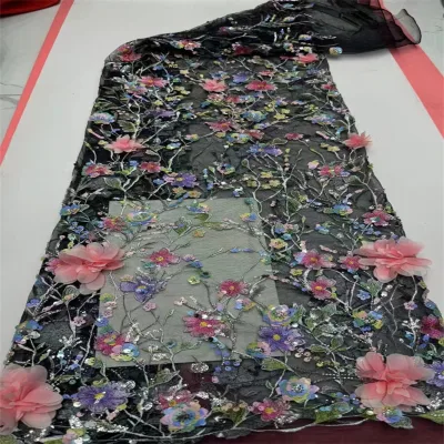 Luxury Eco-Friendly Woven Colorful 3D Beaded Tulle Lace Sequins Embroidered Fabric for Nigerian Wedding Asoebi