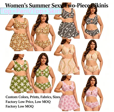 Popular Women Summer Swimwear ODM Custom Hawai Floral Printed Bankini Set Top with Skirt Bathing Suit Plus Size for Ladies