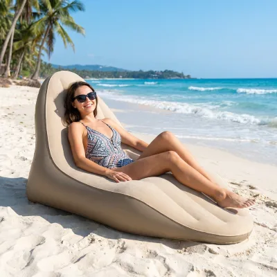 Inflatable Lounge Chair for Adults Outdoor Use Thickened PVC Flocked Surface Backrest Cup Holder Leak-proof