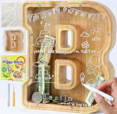 Handmade Creative Cute Decorative Wooden Personalized Piggy Banks Large Letter Piggy Bank for Kids Boys Girls