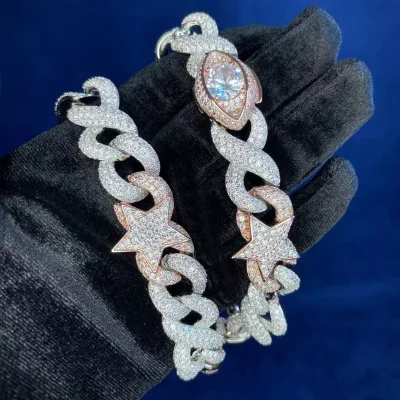 Hip Hop Bling Men Women Jewelry Silver Rose Two Tone Plated 15mm Infinity Cuban Chain Evil-Eye Star Charm Ice Necklace