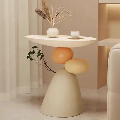 Organic Pebble Corner Table Stacked Sculptural Resin Cream Beige Terracotta Side Table for Living Room Bedside Entry Mesita