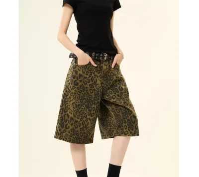 Custom Vintage Leopard Print Camouflage Wide-leg Washed Denim Shorts Men's and Women's Summer Cargo Baggy Pants
