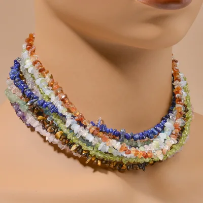 Wholesale Bohemian Necklace Lapis Sunstone Tiger Eye Chip Beads Adjustable for Women Daily Vacation Travel Fashion Jewelry Gift