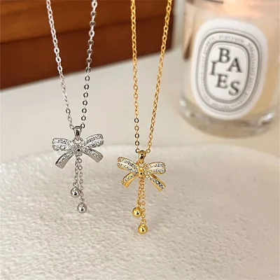 Light Luxury Cute Bowknot Tassel Necklaces for Women Fine Jewelry Bow Pendant Necklace