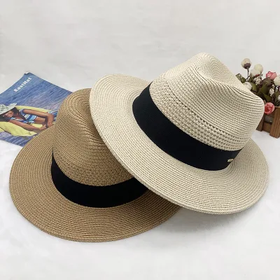 New Panama Paper Top Hat Adjustable Sunshade Sun Protection Beach Hat Men's Women's Paper Straw Hat with Metal Tag