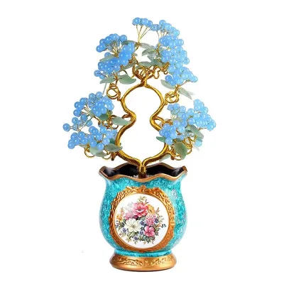 Money Wealth Bag Feng Shui Lucky Tree Natural Green Chalcedony Jade Crystal Gem Tree Crystal Tree