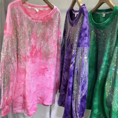 Women's Extra Large Size Early Autumn Hot Diamond Sweatshirt Mid-Length Long-Sleeved Top Gradient Tie-Dye Loose Fit Terry Hoodie