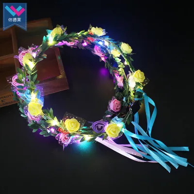 Wholesale Portable Neon Party Decoration Luminous Wreath Wedding Headwear Light Lamp Head Ring Plastic Rose Glitter