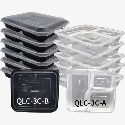 Disposable PP UV Coated Microwave Food Container 3-Compartment Bento Box with Lid Plastic Rectangle Shape for Party Occasions