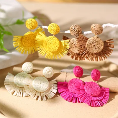 Fashion Bohemian Handmade Rattan Raffia Tassel Pendant Earrings for Women's Girls Summer Ocean Beach Jewelry Stud Earrings