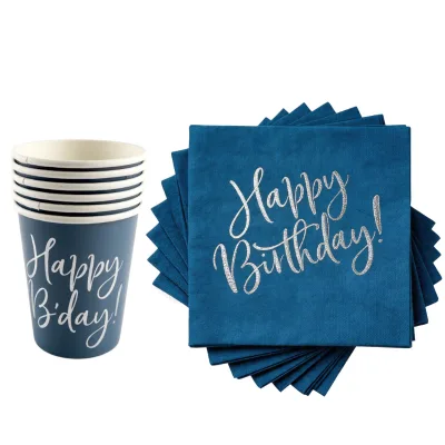 Teal Blue Biodegradable Happy Birthday Disposable Paper Cups & Napkins Set with Silver Foil Party Tableware for Adult Events