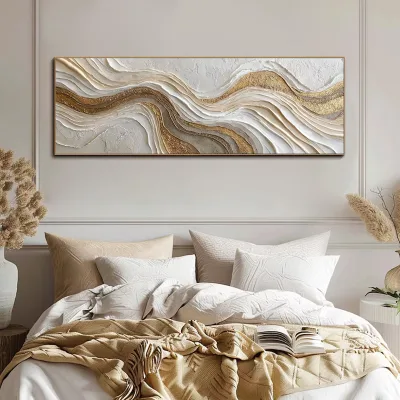 Abstract Plaster Wave Painting on Canvas Large Long Wide White Gold Silver Textured Wall Art Panoramic Gold Foil Living Room Art