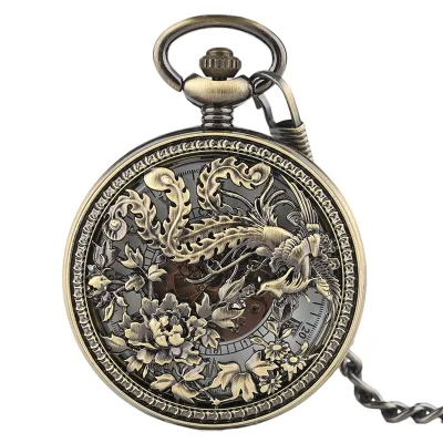 Beautiful Phoenix Mechanical Pocket Watch Charm Lucky Pendant Flower Carving Auto Watches Men Women Unisex Vintage Special Gifts
