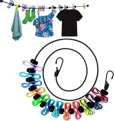 Foldable Windproof Clothesline with 12 Pegs and Stretch Cord Plastic PP Drying Rack for Room Hanging Convenient for Laundry