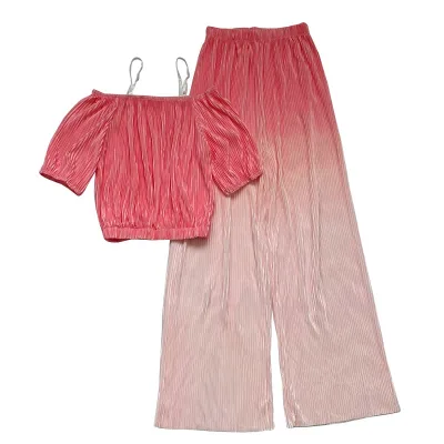 One Shoulder Two-piece Set Suspender Bubble Sleeves Crop Top and High Pleated Gradient Wide Leg Pants Set