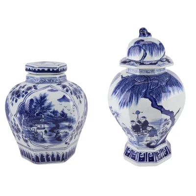 RYUK63-A/ RYUK64-A Jingdezhen Blue and White Hand Painted Landscape Figure Hexagonal Lided Character Boy Porcelain Ginger Jar