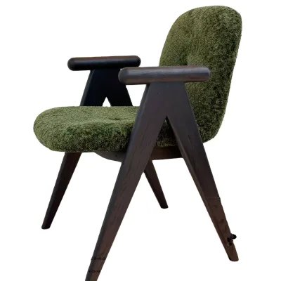 Song-style Aesthetic Solid Wood Dining Chair Green Chenille Fabric Armrest Italian Modern Minimalist Design Bedroom Restaurant