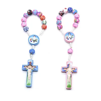 Cartoon Color Handmade Soft Pottery Rose Rosary Children's Catholic Christ Cross Rosary Bracelet