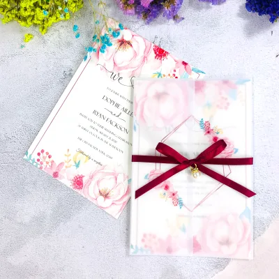 Luxury Tracing Paper Wedding Invitation With Silk Ribbon Elegant Bi-Fold Invites with Envelopes Mirror Acrylic Invitation Cards