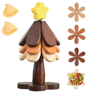 Wooden Trivet Set Tree Shape Trivets Hot Dishes 3 Christmas Tree Stand 1 Christmas Star Kitchen Holiday Decor Pots Tableware