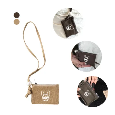 Unisex Zipper Closure Coin Purse Made From Canvas Featuring a Pearl Arm Puppy Design