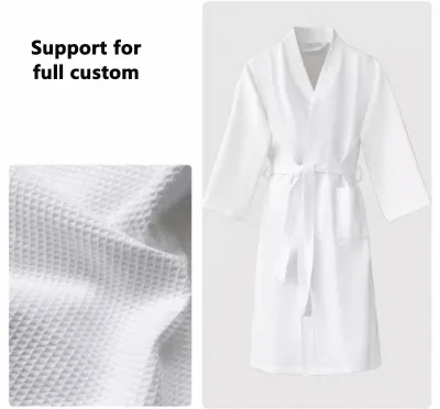 Custom Pattern Solid White Waffle Weave Bathrobe, Adjustable Belt Spa Bath Robe for Hotel Hospitality