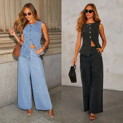 Hot Selling Casual Commuting Style Style Women Sleeveless Solid Color Denim Top and Straight Wide Leg Pants Two Piece Set