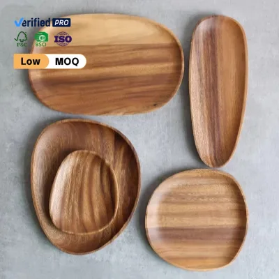Natural Irregular Acacia Wood Serving Tray Organic Shaped Wooden Plate for Fruit Snack Dessert Decorative Home Kitchen Platter