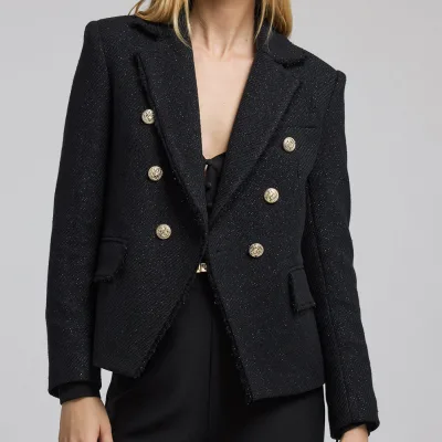 Factory Women's Casual Elegant Black Tweed Blazer Oversized Long Sleeve Double Breasted Custom Design Blazer
