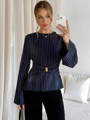 Cross-border French-style Casual Winter Long-sleeve Striped Chic Versatile Top Regular Sleeve Crew-neck commuter T-shirt