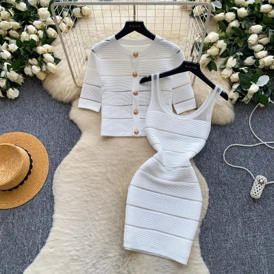 Women's 2 Piece Ribbed Knit Set Cropped Short Sleeve Cardigan Sleeveless Bodycon Mini Dress Slim Fit Spring Summer Clubwear