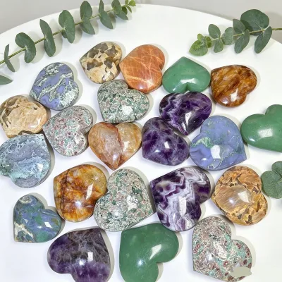 Assorted Natural Gemstone Dream Amethyst Heart Pocket Golden Healer Quartz Crystal Heart for Reiki