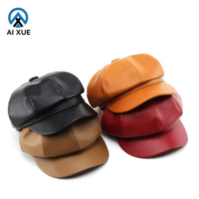 Custom Logo Fashion Women Newsboy Cap Berets Octagonal Autumn Winter PU Leather Artist Painter's Beret Hat